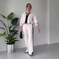 Zipper Lapel Tops & Pants 2-Piece Set