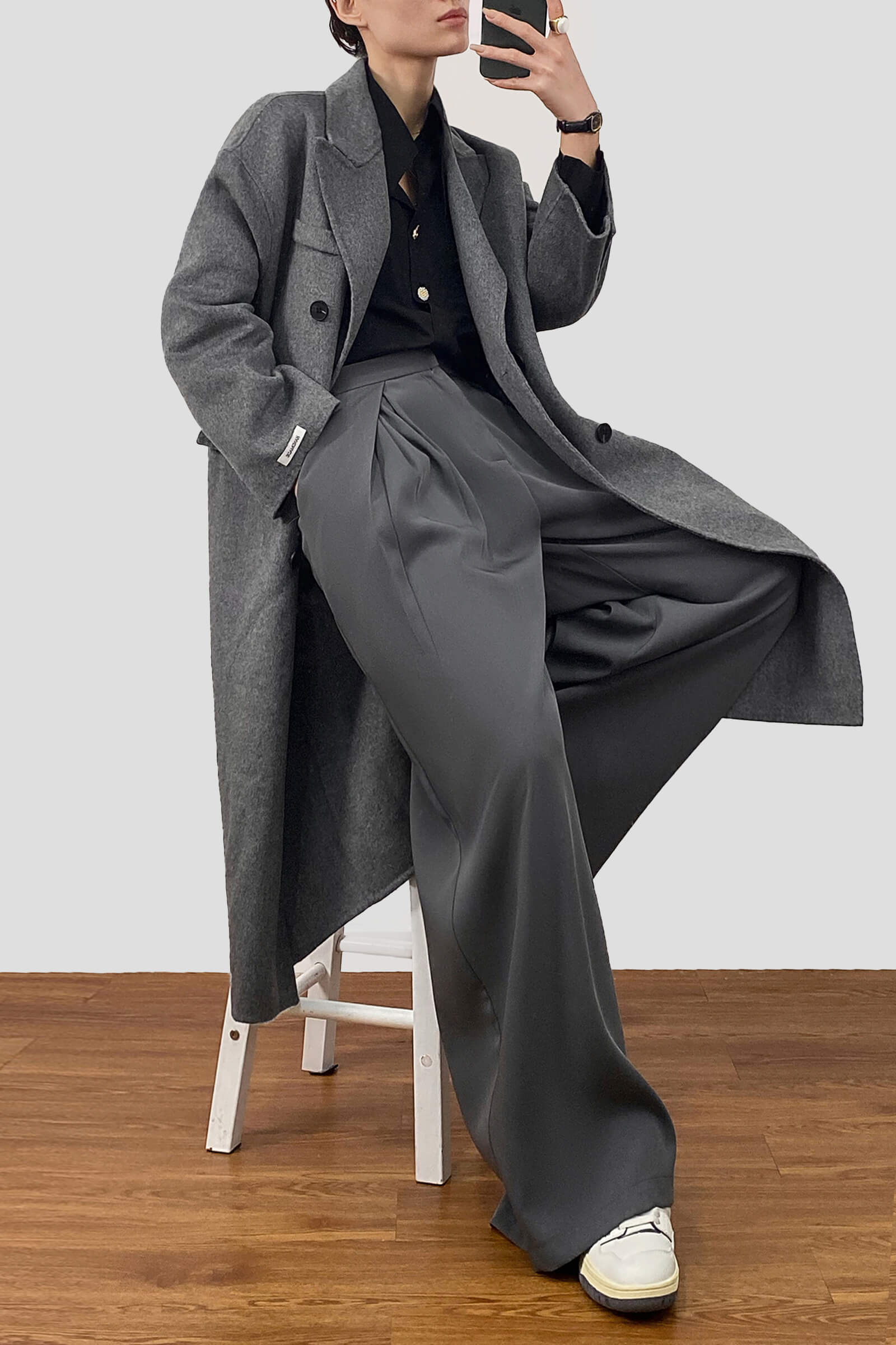 Grey Premium Wool Double-Breasted Longline Coat