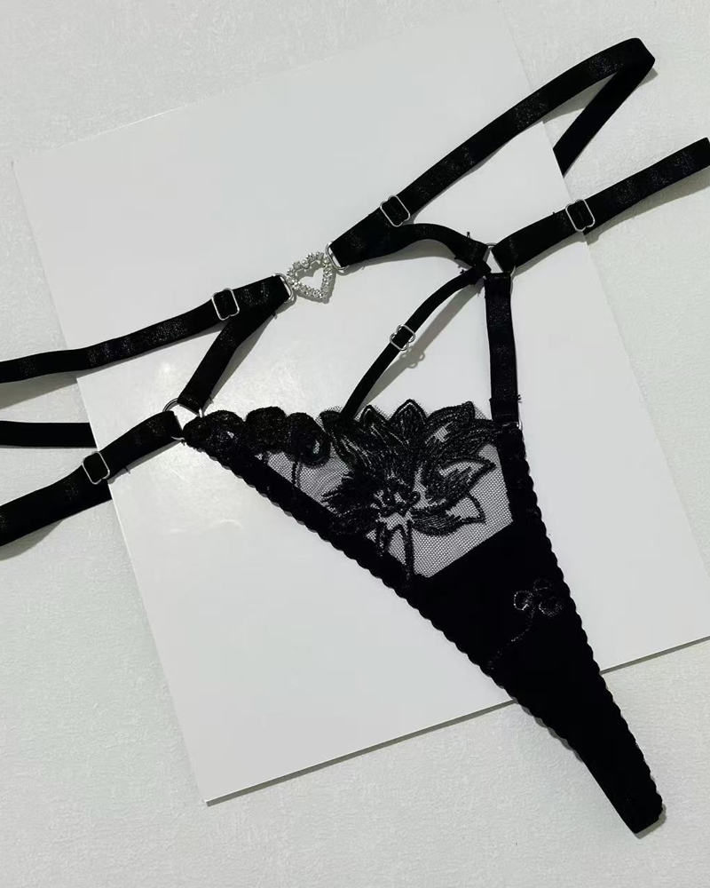 Embroidered Cutout Rhinestone Heart Halter Lingerie Set