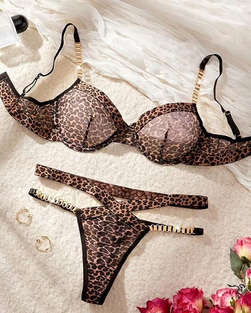 Leopard Print Sheer Mesh Chain Strap Lingerie Set