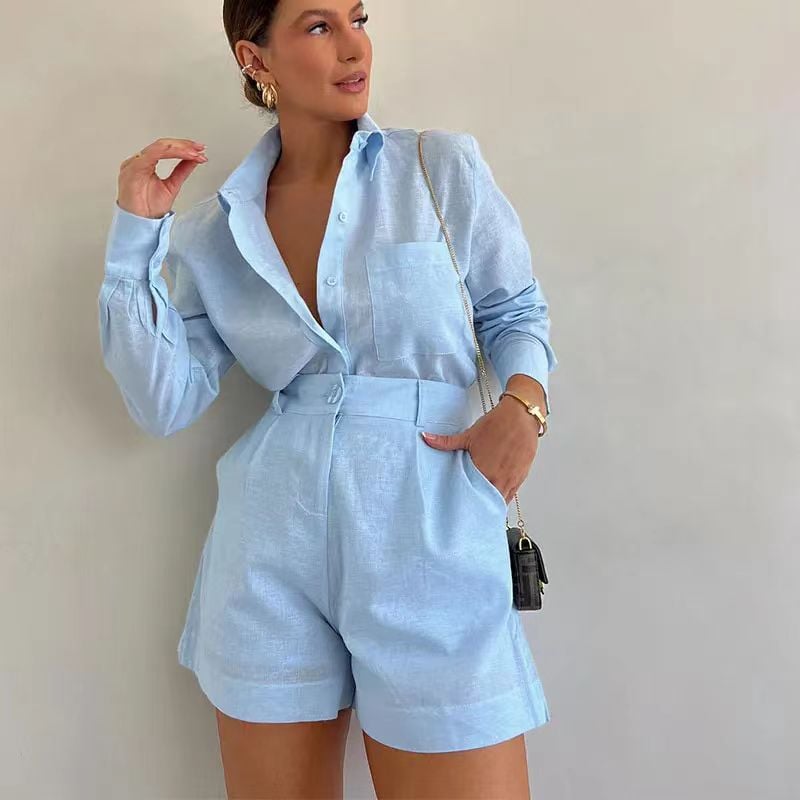 Casual Linen Blouse and Shorts Set