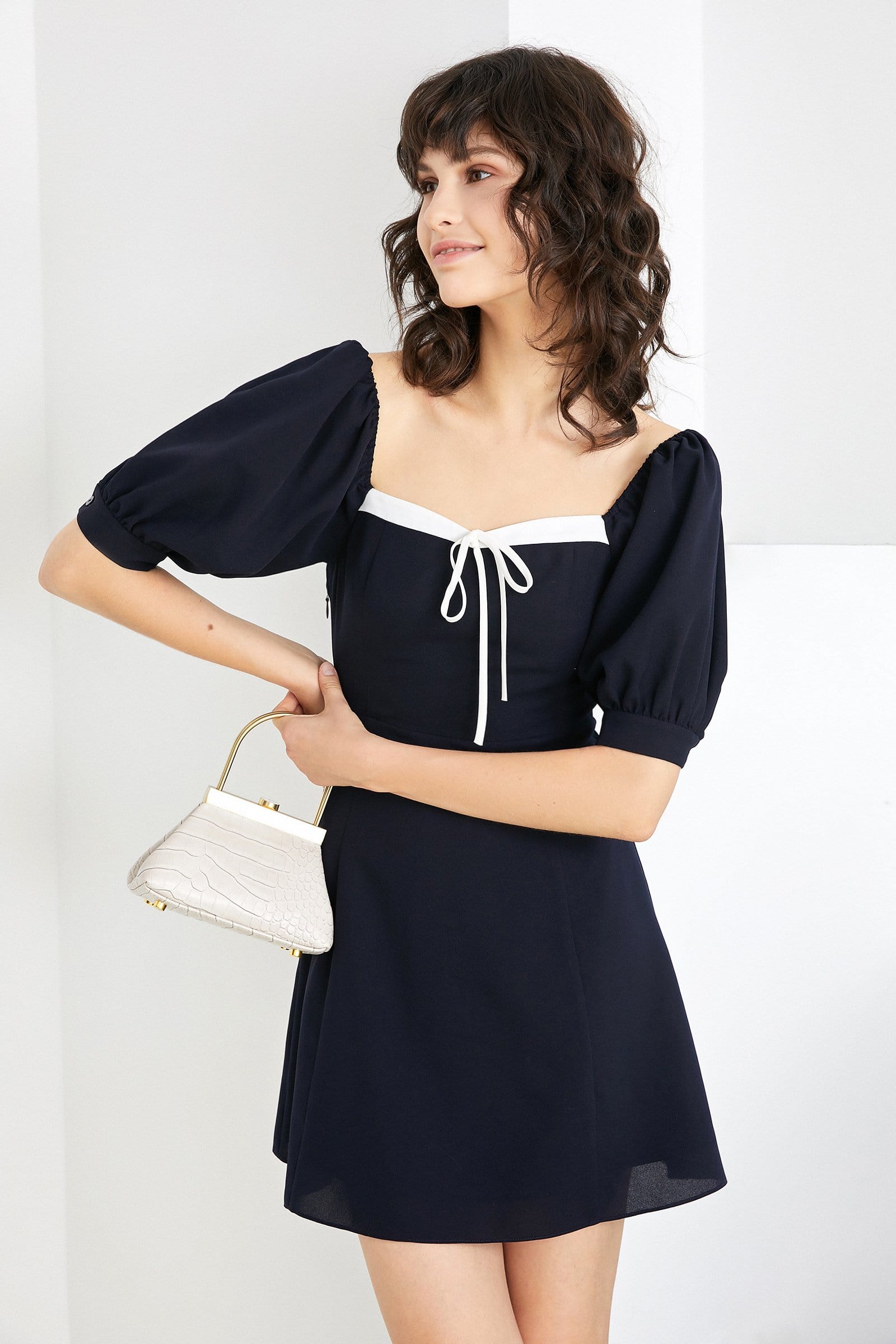 Draping Neckline Navy Mini Dress