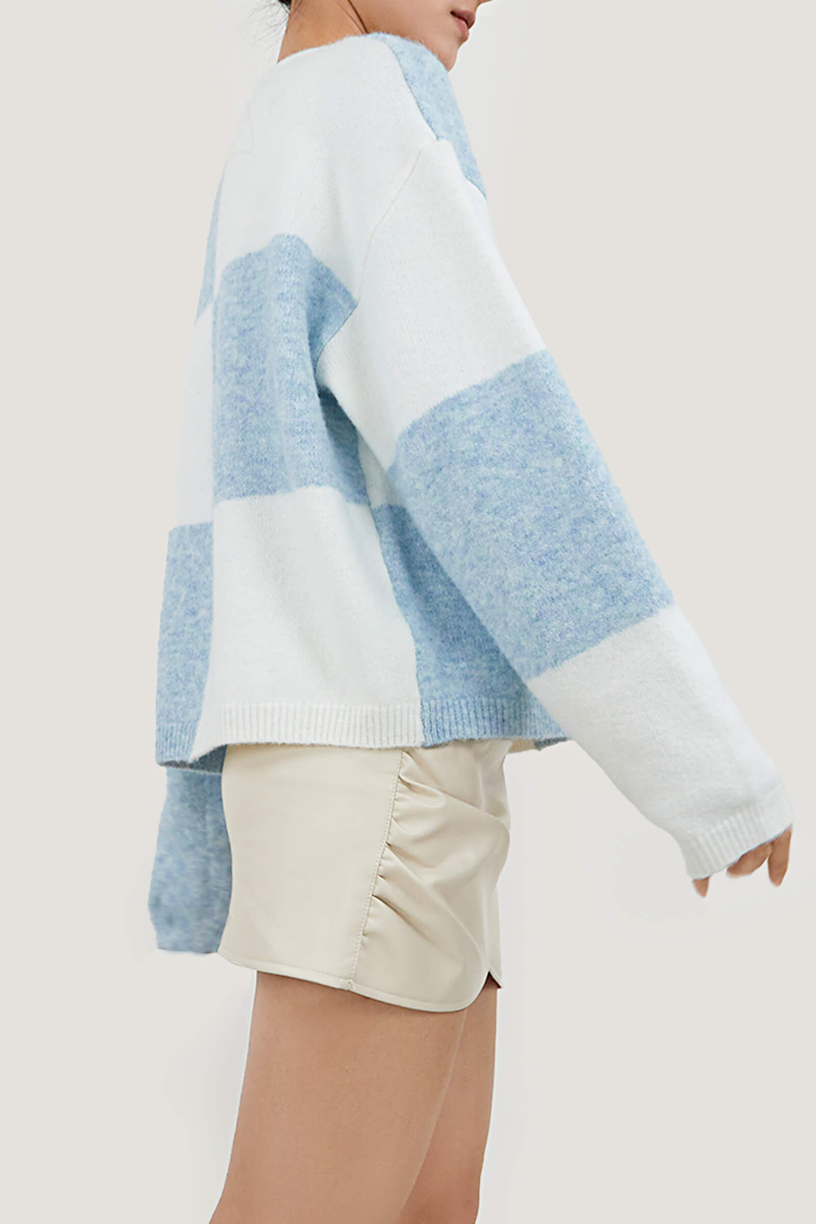 Light Sky Blue Cozy Crew Neck Plaid Sweater