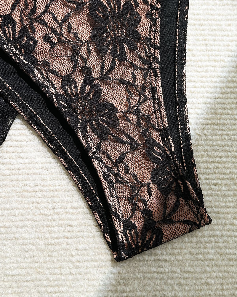 Lace Composite Fabric Mesh Bikini Set with Cover-Up Skirt