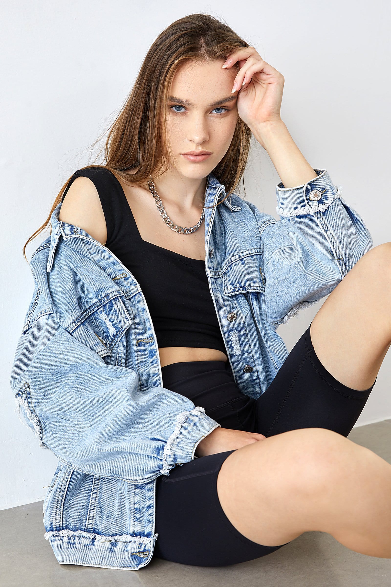 Elsy Steel Blue Distressed Denim Jacket