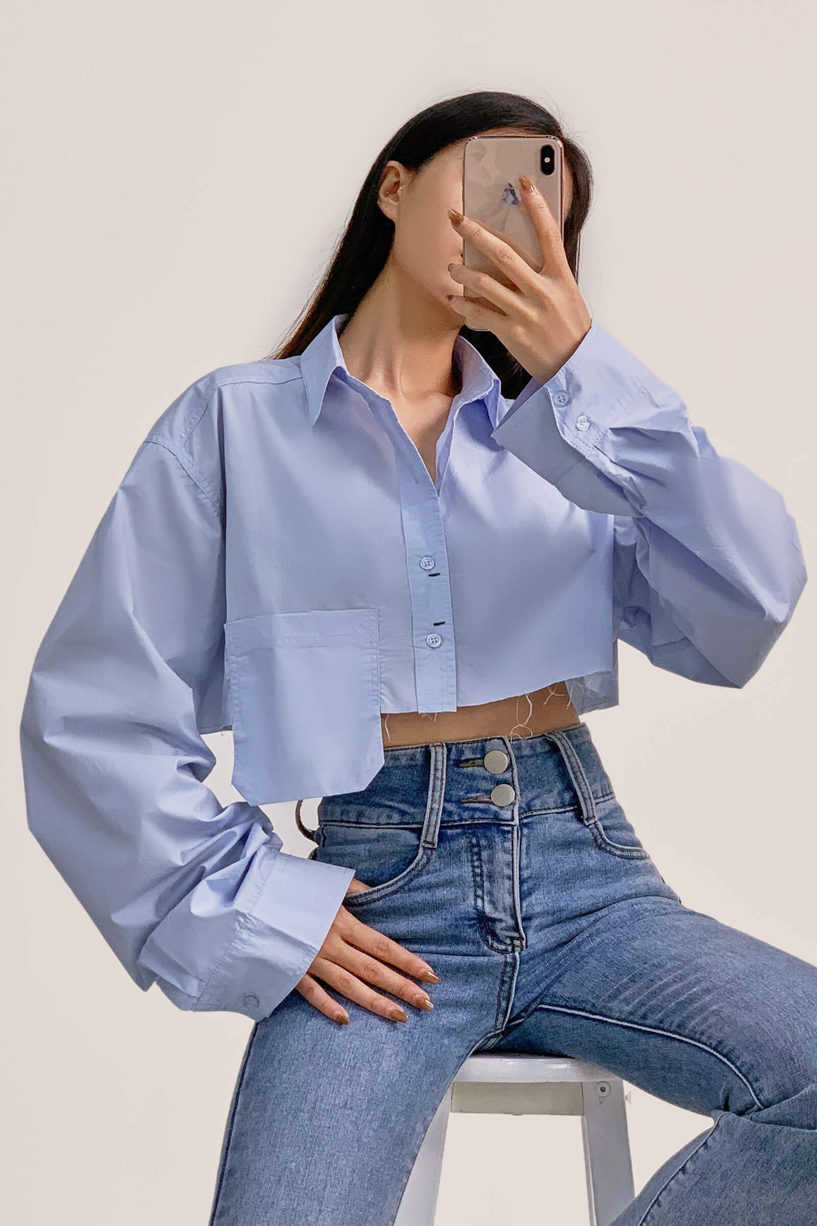 Light Blue Pocket Detail Cropped Shirt