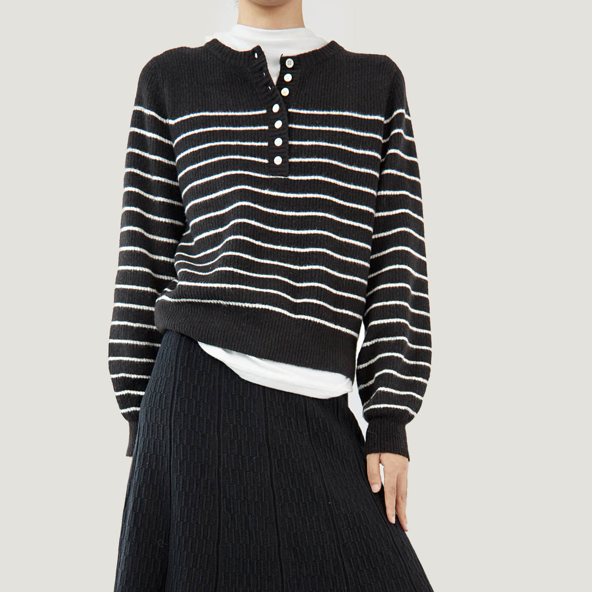 Black Wool-Blend Half-Button Striped Sweater