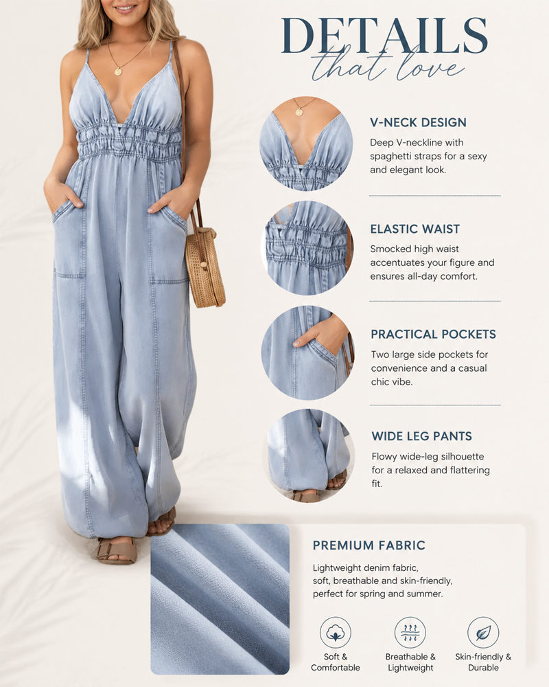 Women's Casual V-Neck Denim Jumpsuit with Spaghetti Straps