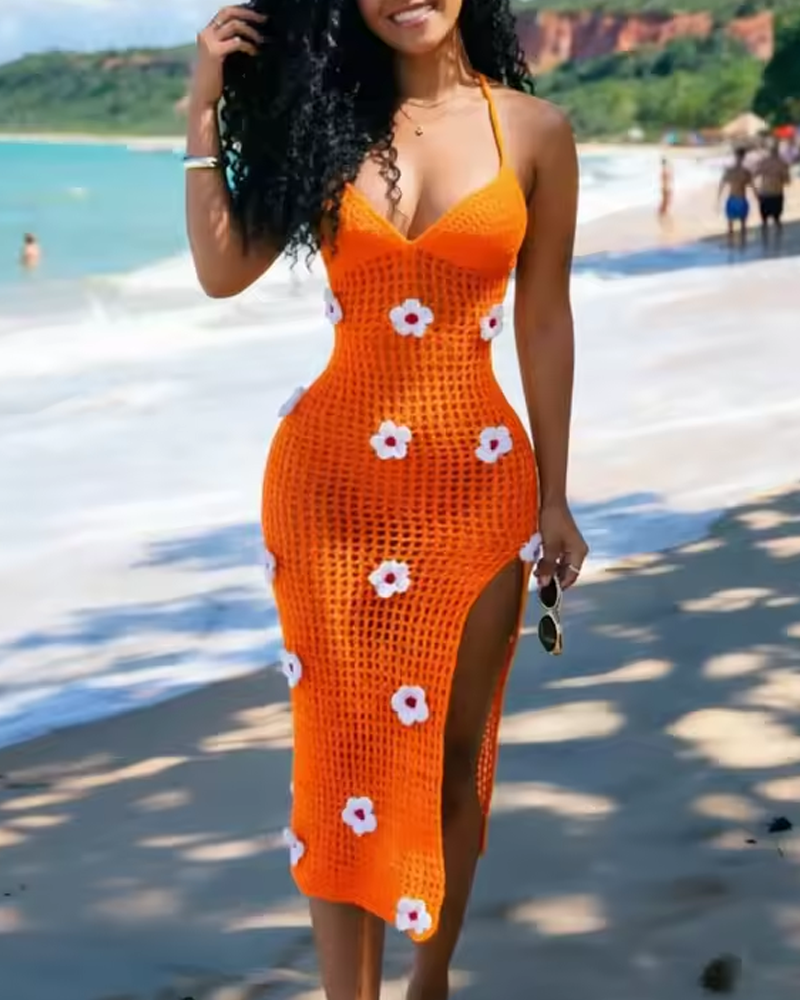 Women's Knitted Crochet Spaghetti Strap Slit Beach Maxi Dress