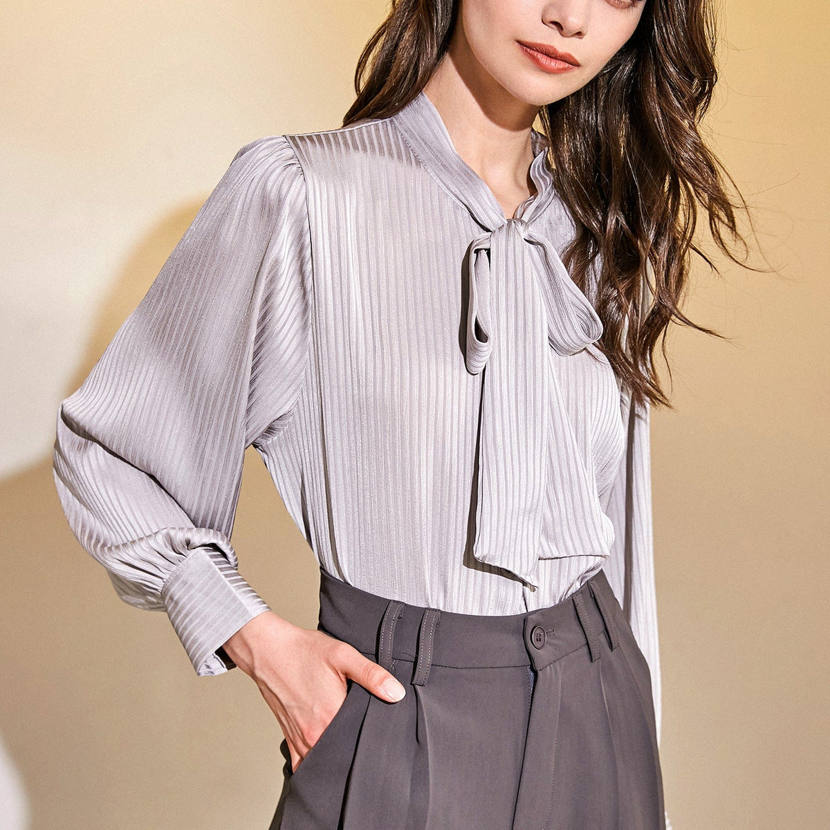 Grey Chiffon Tie-Neck Striped Shirt