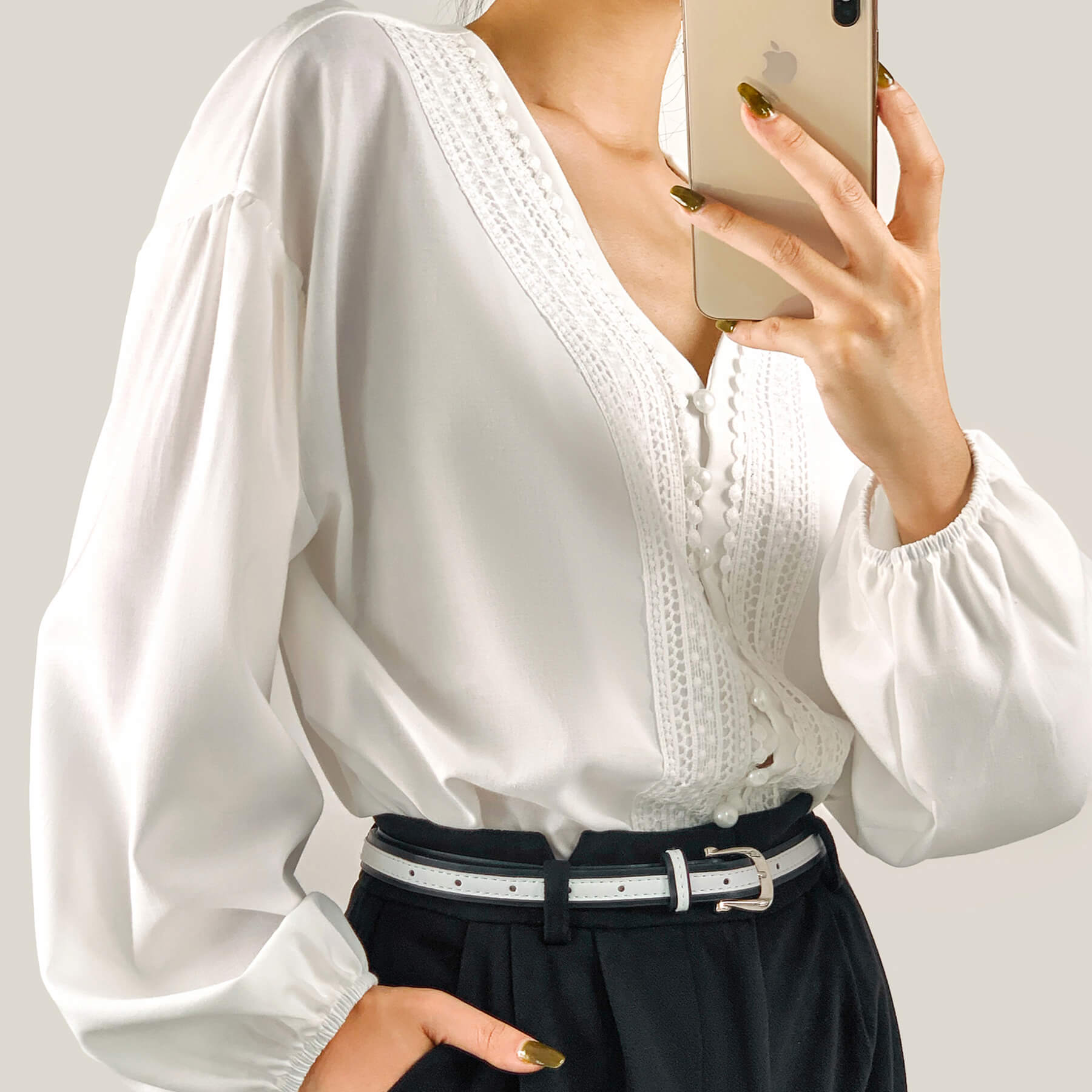 White V-Neck Balloon Sleeve Embroidery Detail Blouse