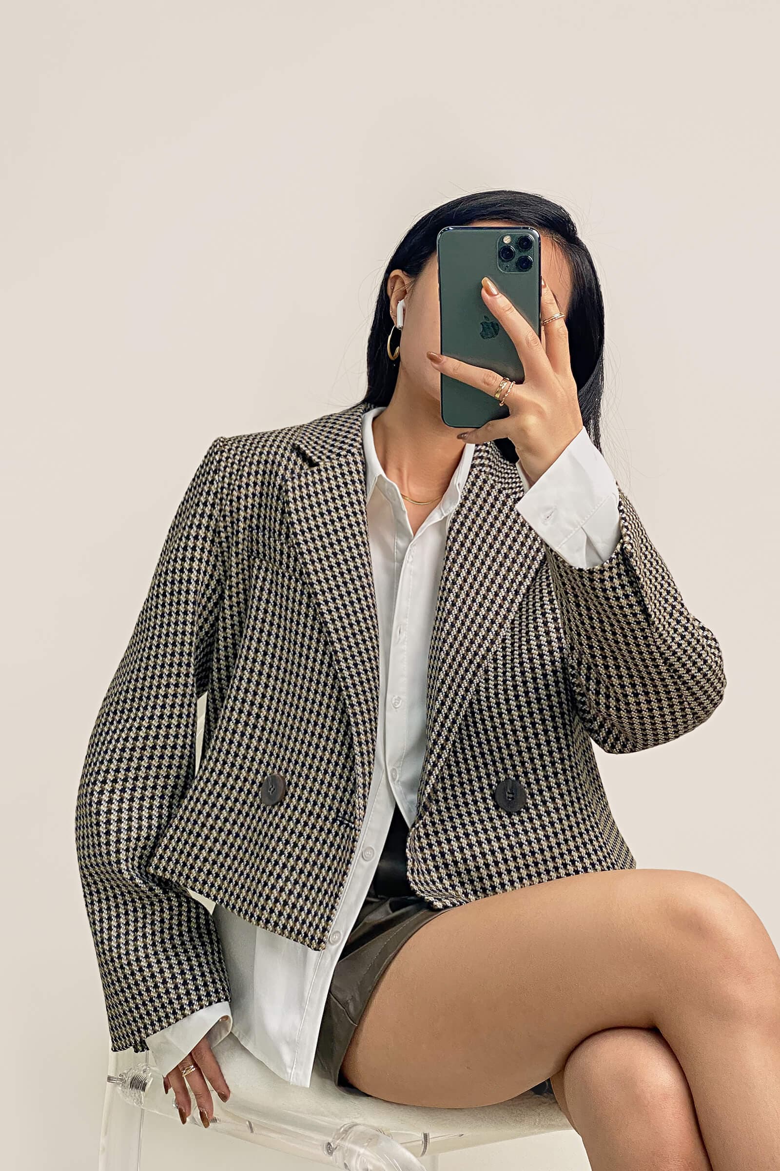 Sienna Double-Breasted Houndstooth Cropped Blazer