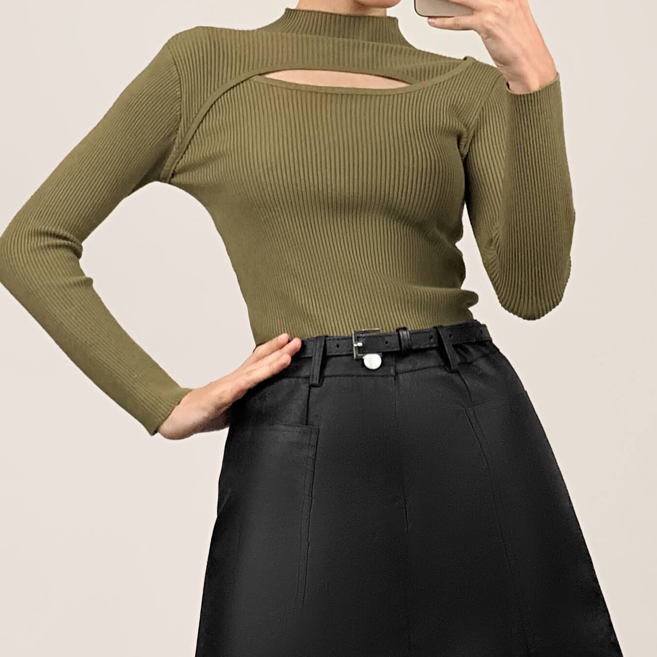 Olive Mock Neck Front Cut Out Ribbed Knit Sweater