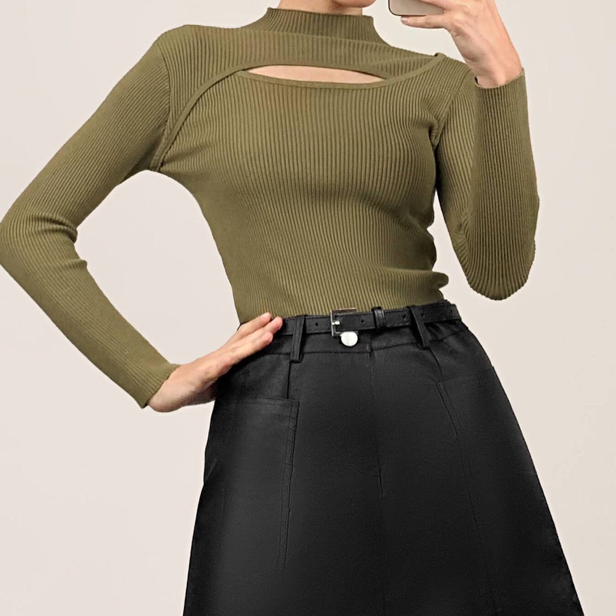 Olive Mock Neck Front Cut Out Ribbed Knit Sweater
