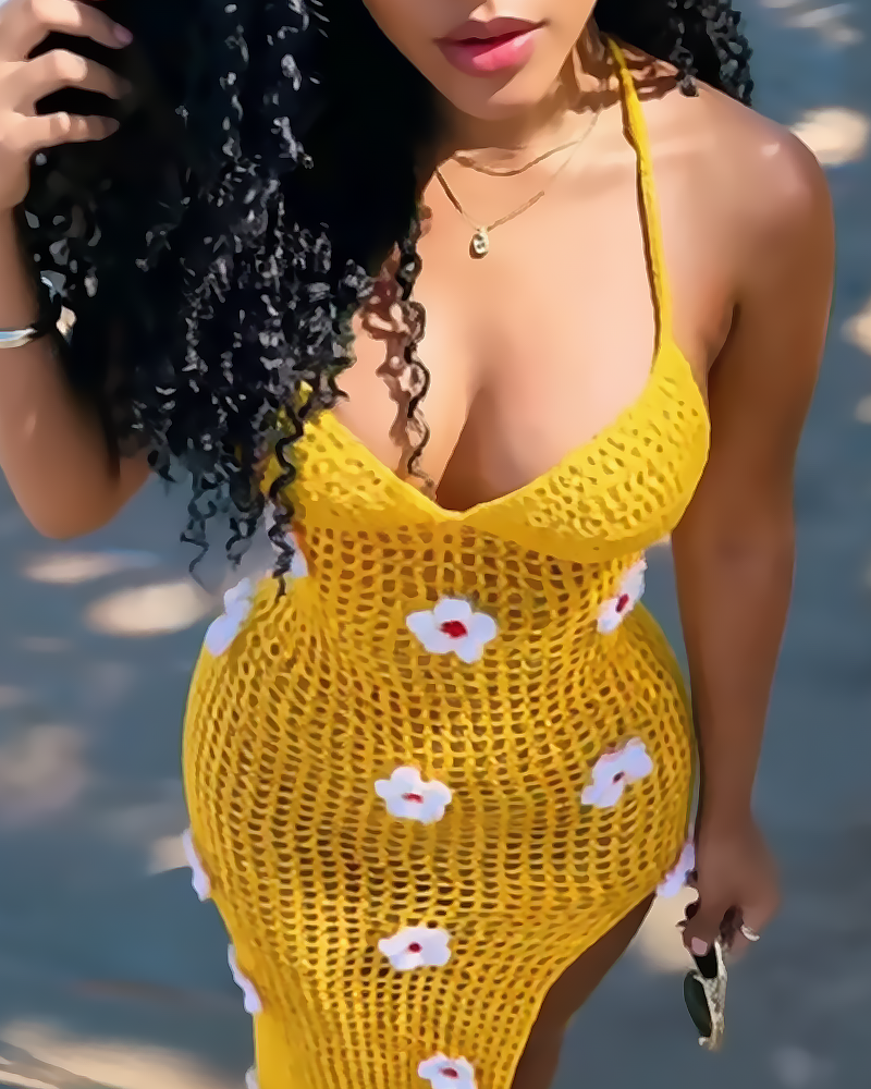 Women's Knitted Crochet Spaghetti Strap Slit Beach Maxi Dress