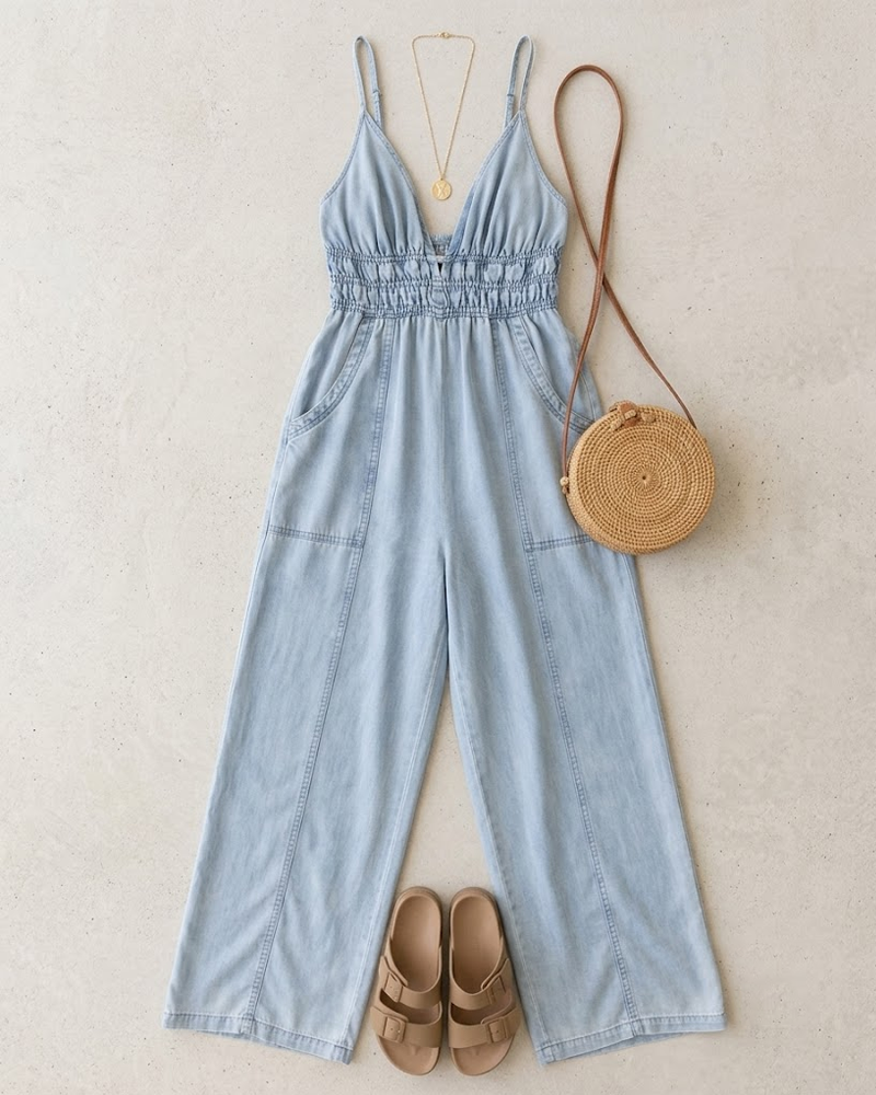 Women's Casual V-Neck Denim Jumpsuit with Spaghetti Straps