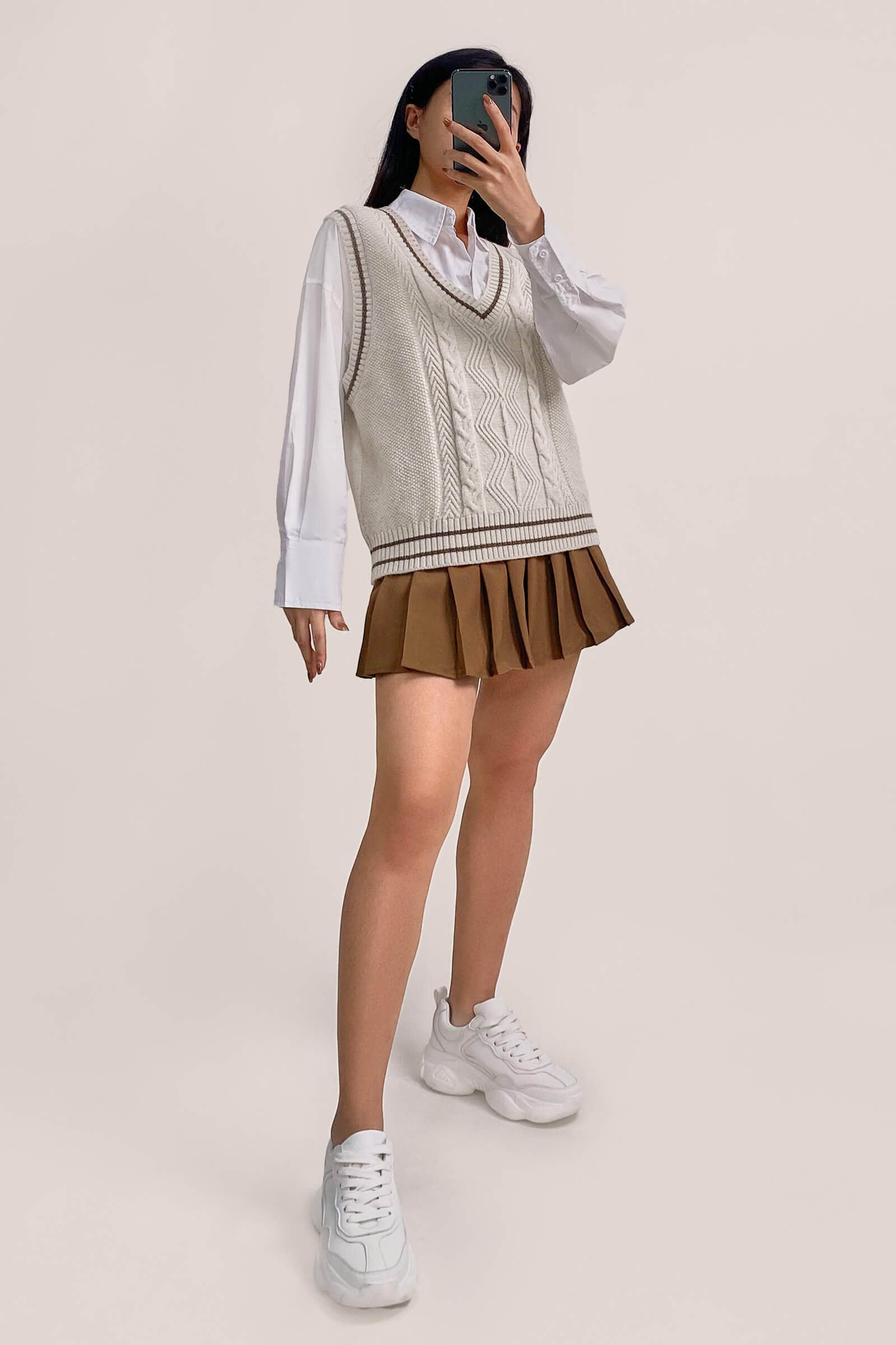 Ivory Cable Knit Striped Trim Sweater Vest