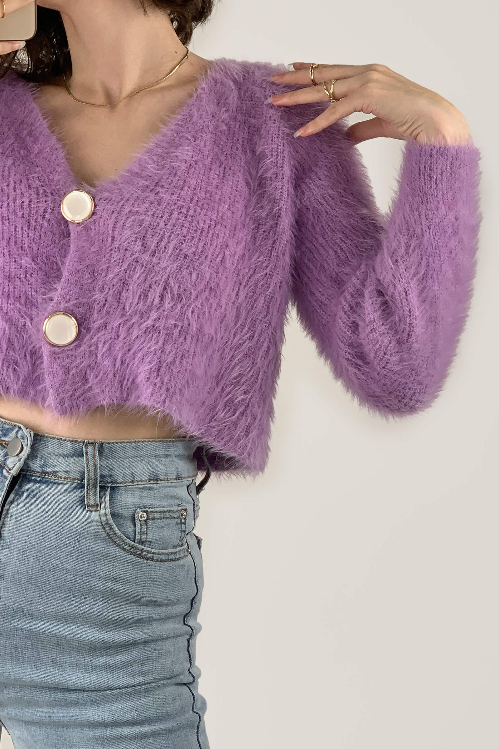 Orchid V-Neck Fuzzy Knit Cropped Cardigan