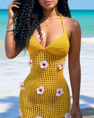 Women's Knitted Crochet Spaghetti Strap Slit Beach Maxi Dress