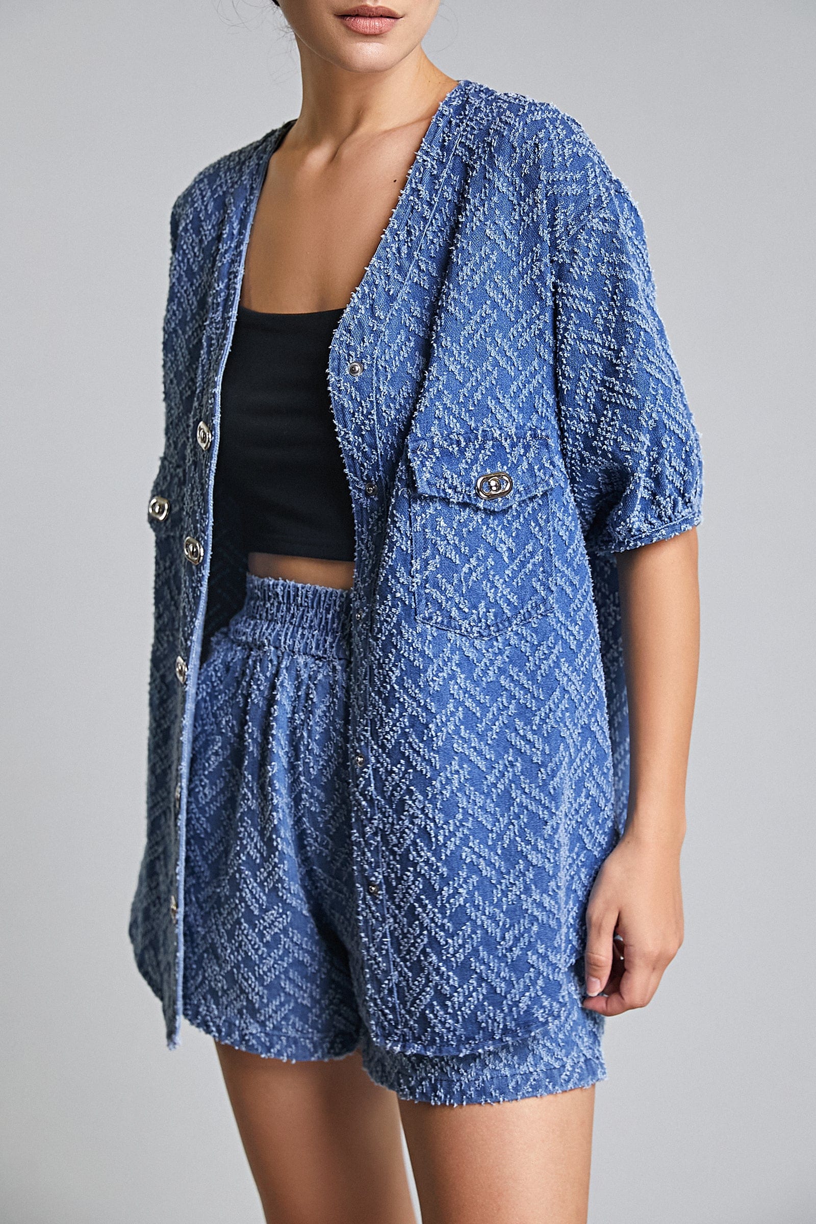 Royal Blue Frayed Denim Longline Button-Up Top & Shorts Two-Piece Set