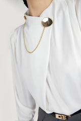 White Mock Neck Ornamental Lantern Sleeve Blouse