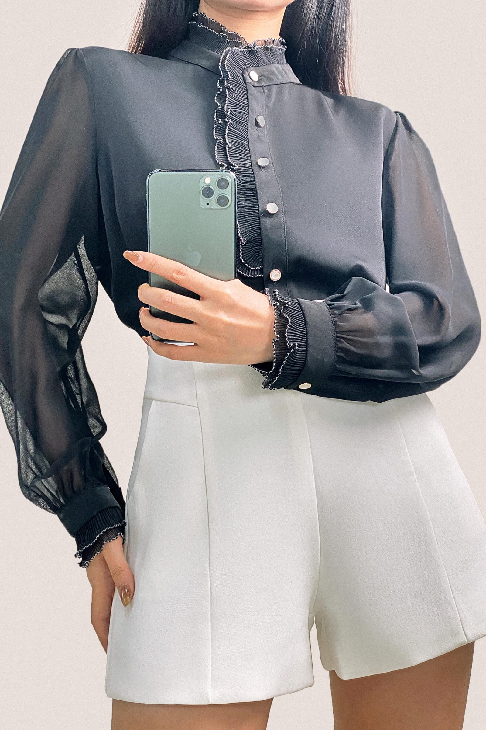 White A-Line Seam-Detail Shorts