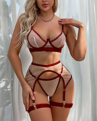 Mesh Embroidery Chain Garter Hollow Cross Lingerie Set