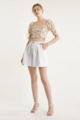 White Pleat Detail Wide Leg A-Line Shorts