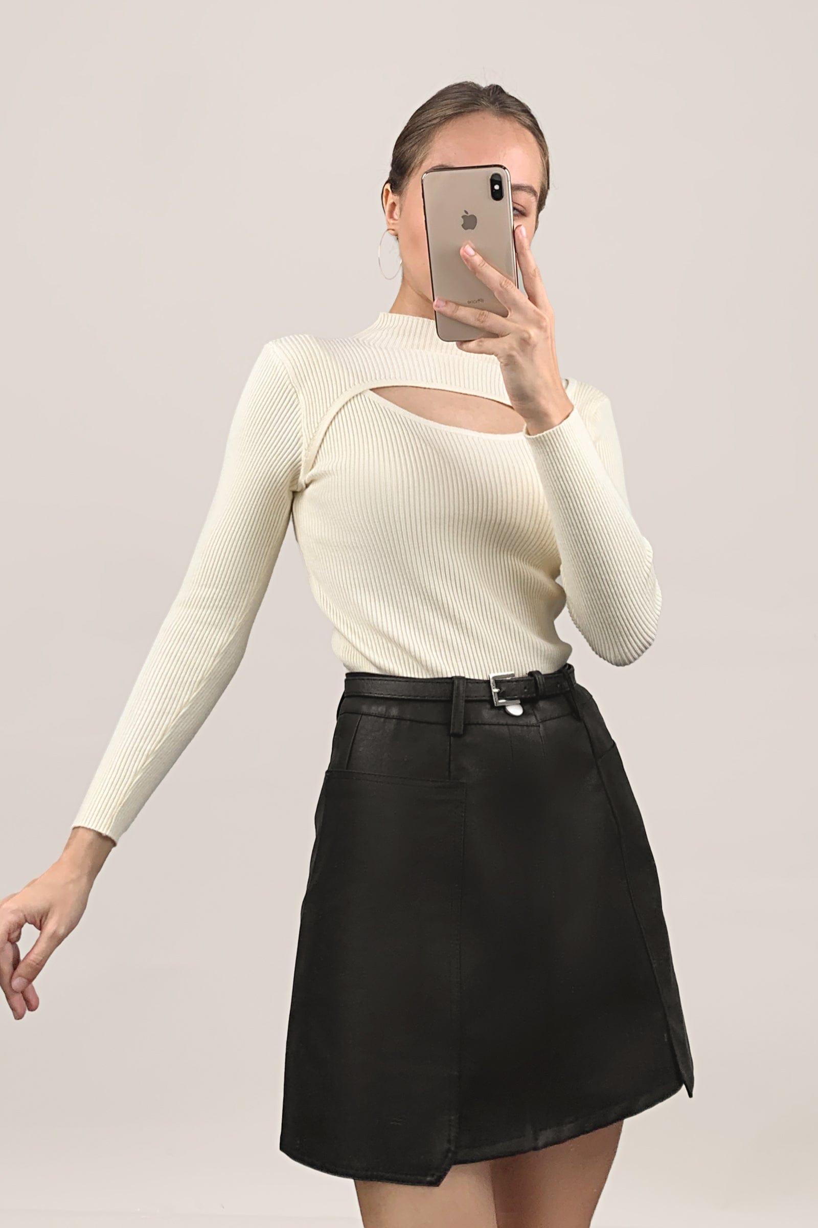 White Mock Neck Front Cut Out Ribbed Knit Sweater