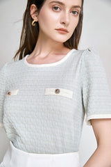 Light Green Textured Contrast Binding Short Sleeve Blouse