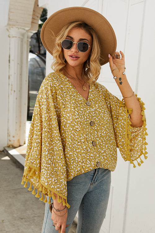 Sunshine Soul Printed Tassel Button-Up Top - 3 Colors