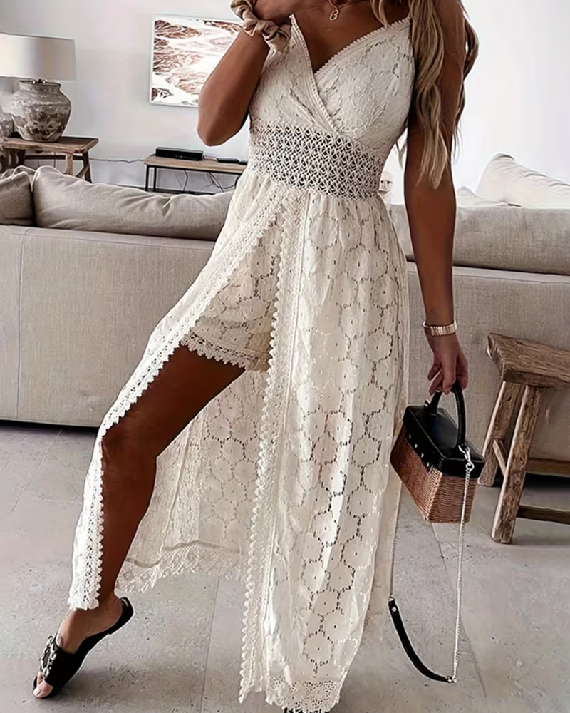 Lace Bodysuit Romper with Sheer Cape