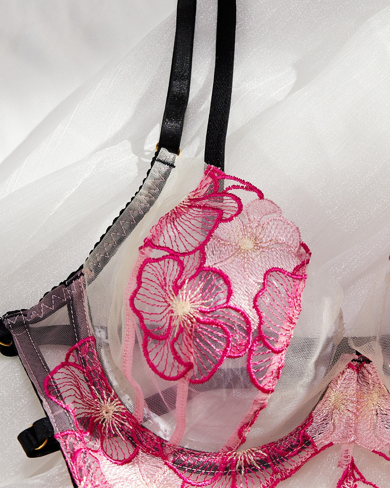Deep-V Shaping Sheer Floral Embroidered Lingerie Set