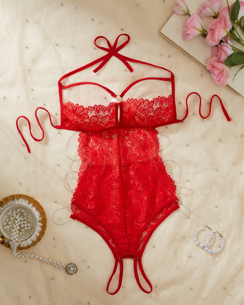 Lace Sheer Demi-Cup Open-Crotch Teddy