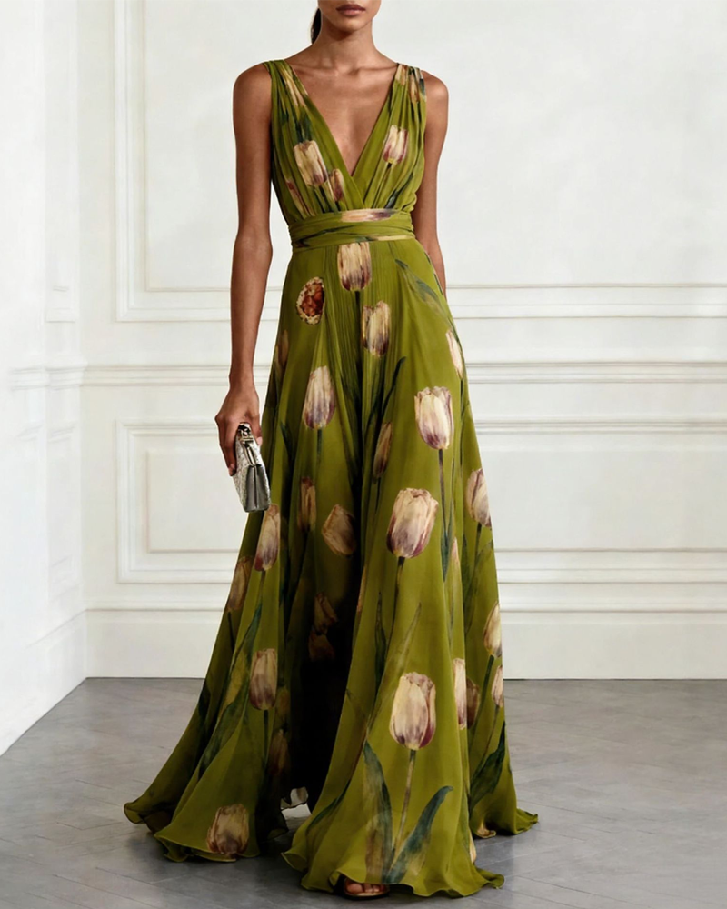 Tulip Print Chiffon Sleeveless V-Neck Maxi Dress