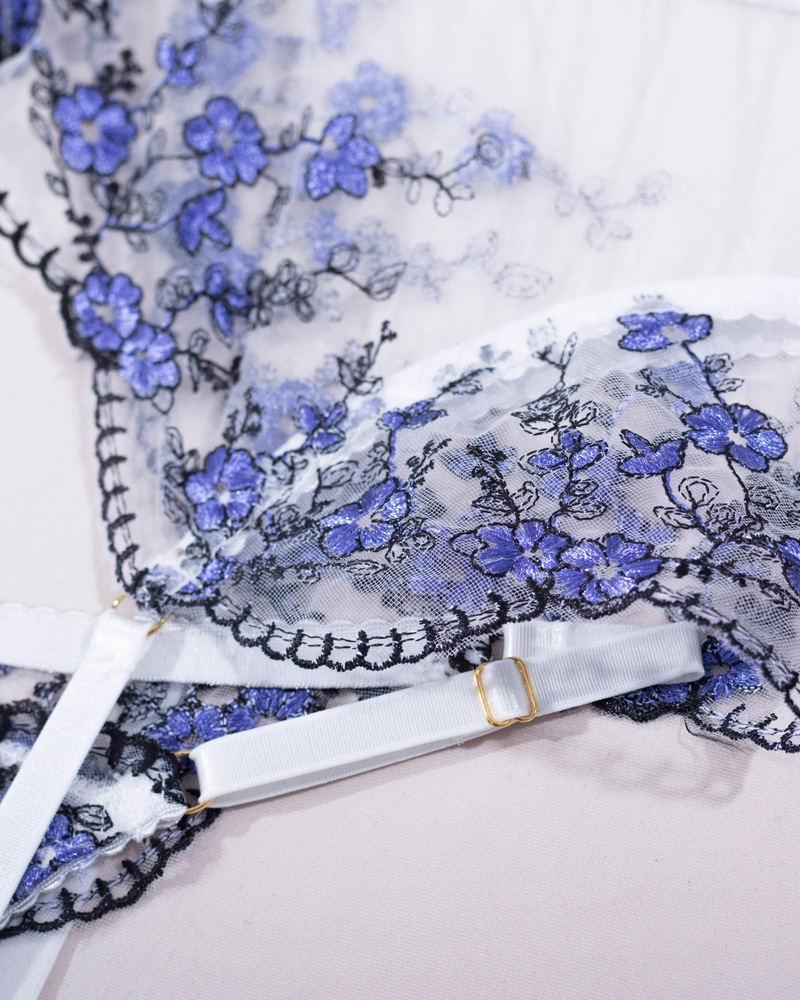 Velvet Rose Floral Embroidered Sheer Mesh Lingerie Set