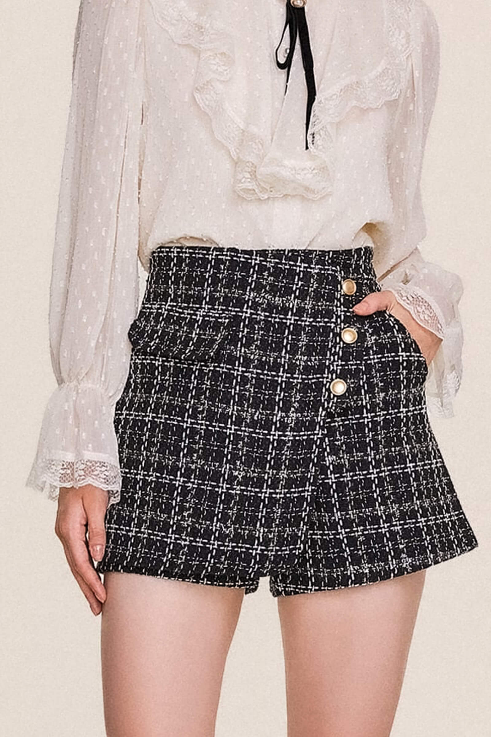 Black Checked Button Detail Tweed Skort