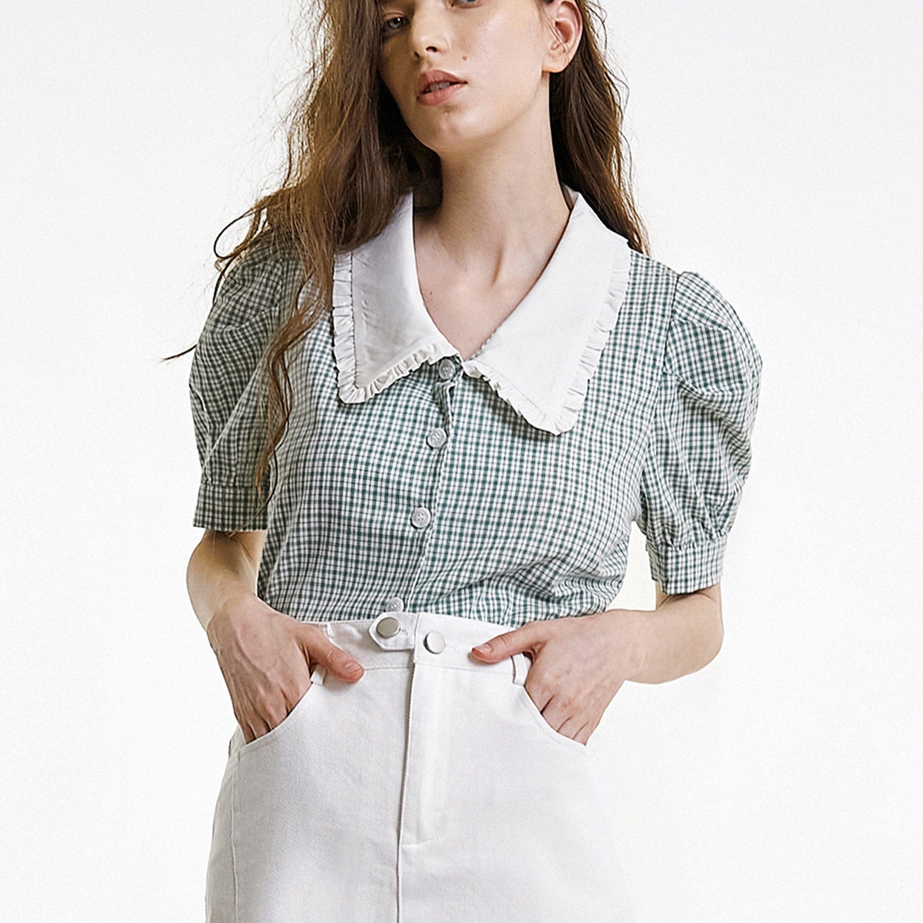 Sea Green Plaid Puff Sleeve Ruffled Statement Collar Shirt