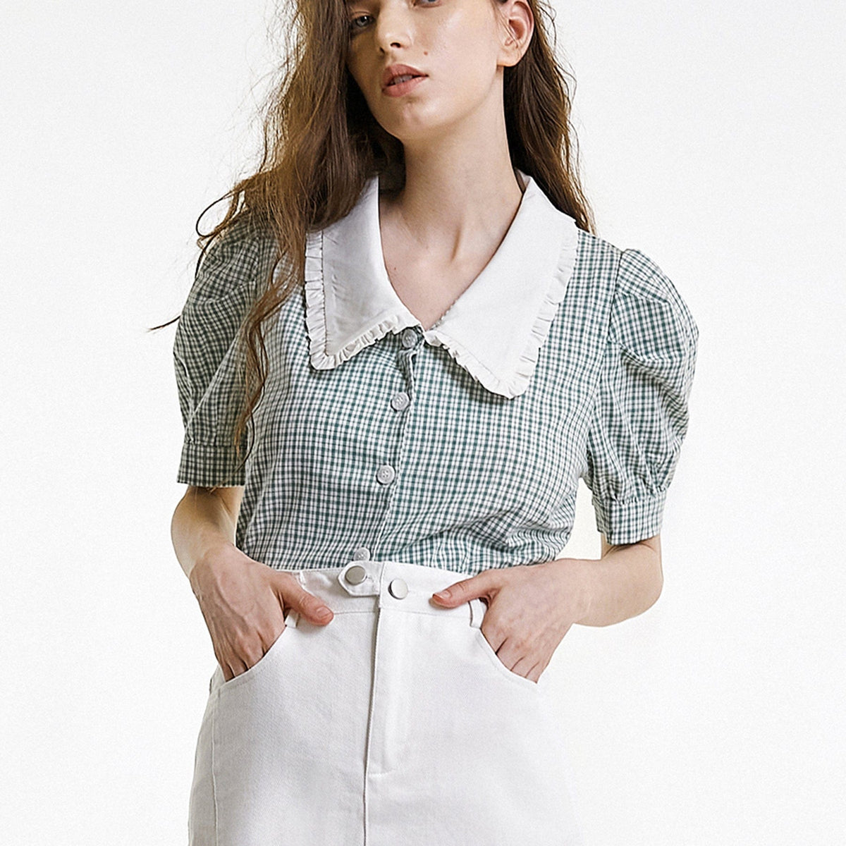 Sea Green Plaid Puff Sleeve Ruffled Statement Collar Shirt