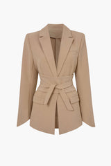 Basic Solid Notched Lapel Belted Blazer