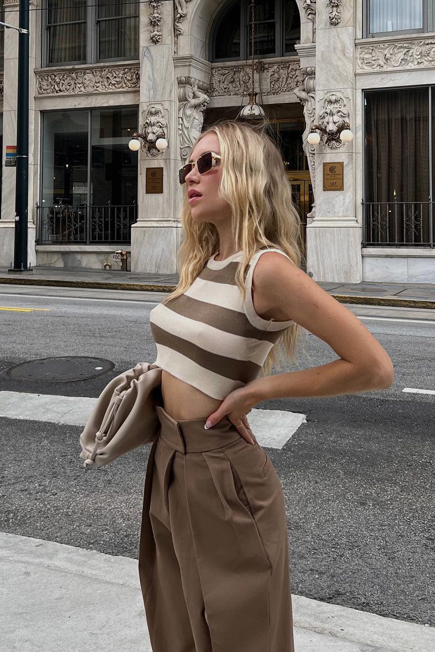 Ivory Striped Crew Neck Rib-Knit Vest