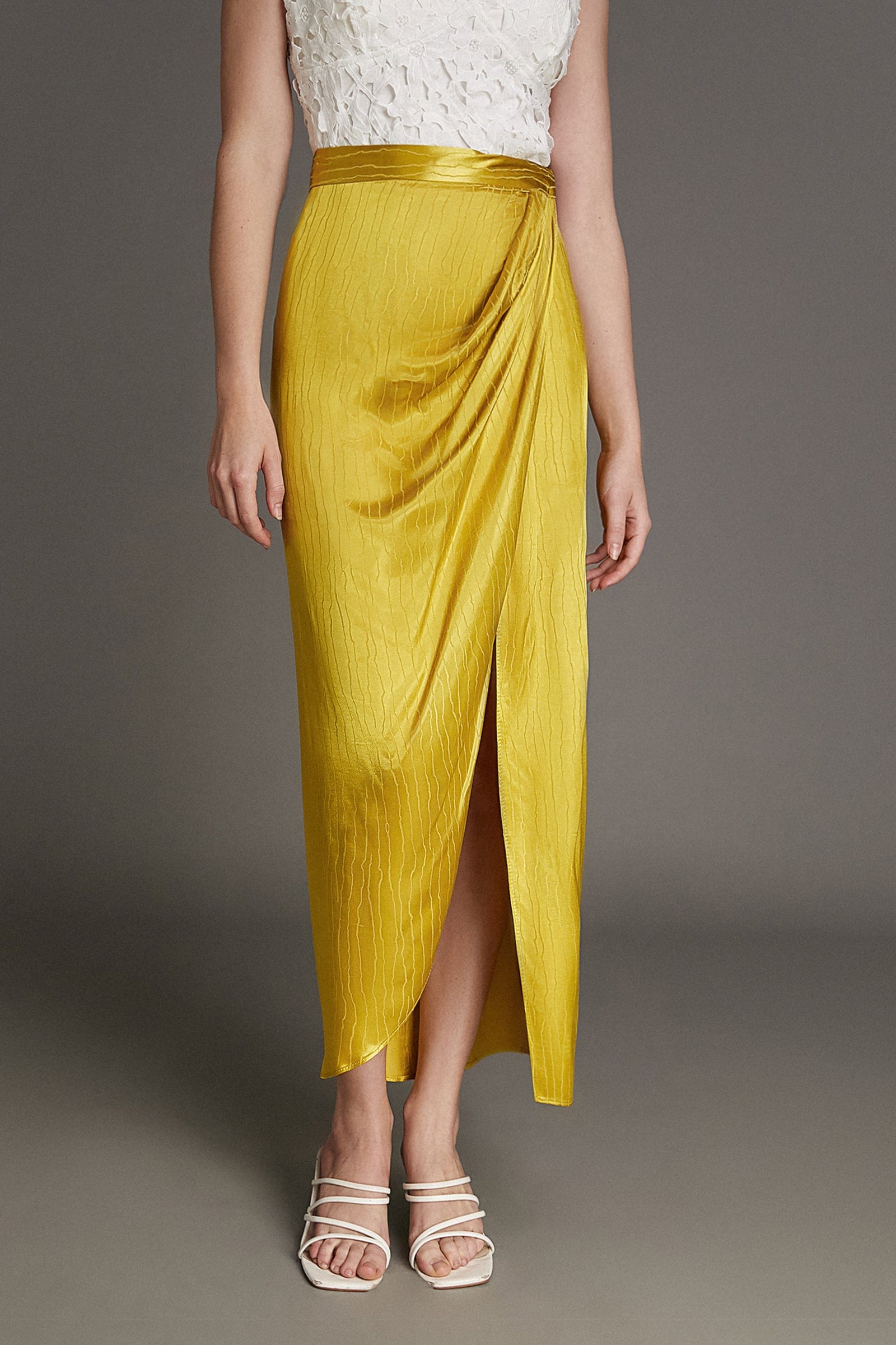 Yellow Jacquard Ruched Wrap Maxi Skirt