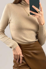 Tan Basic Wool-Blend Turtleneck Sweater