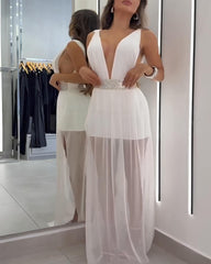 Deep V Sleeveless White Mesh Slit Long Beach Vacation Dress