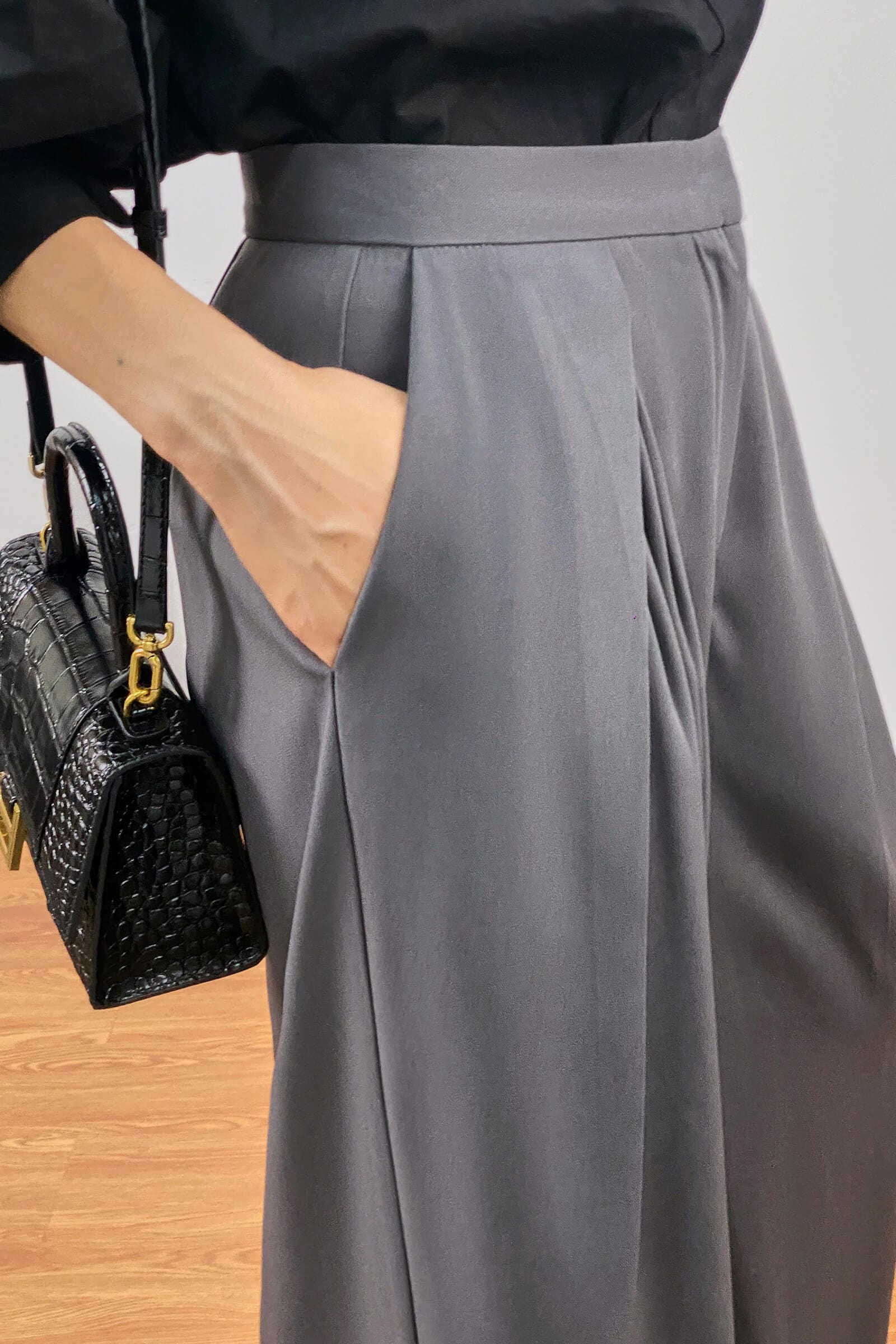 Dark Grey Pleated Wide Leg Work Pants