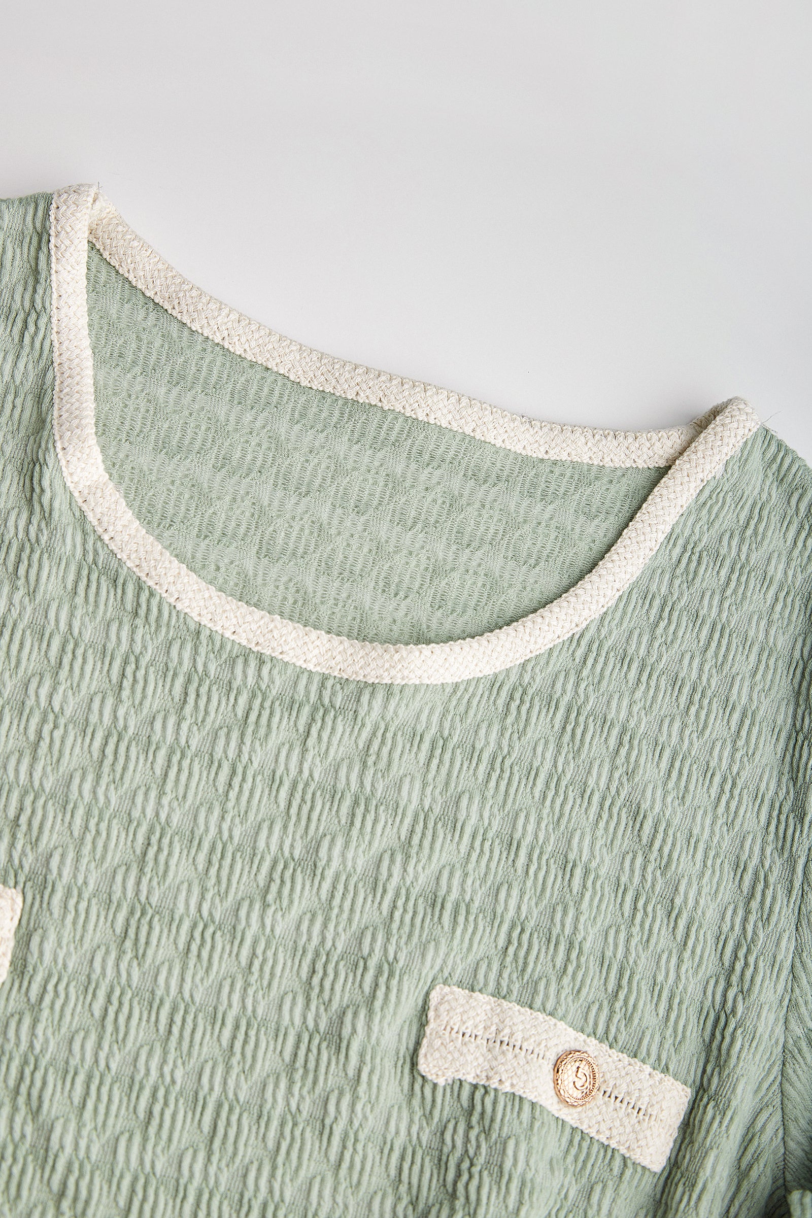 Light Green Textured Contrast Binding Short Sleeve Blouse