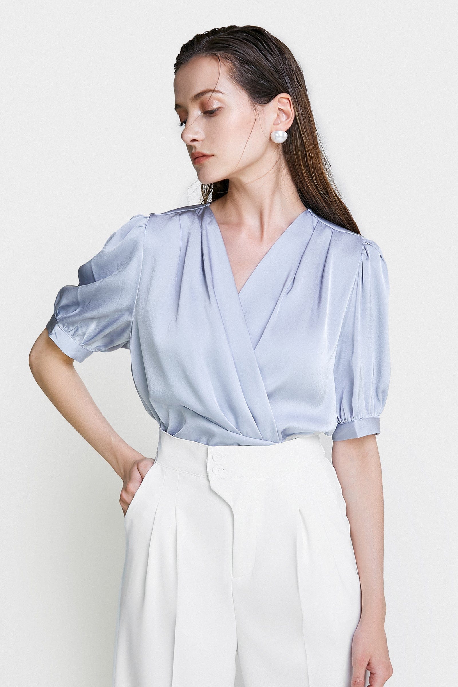 Light Steel Blue Surplice Neck Ruched Blouse