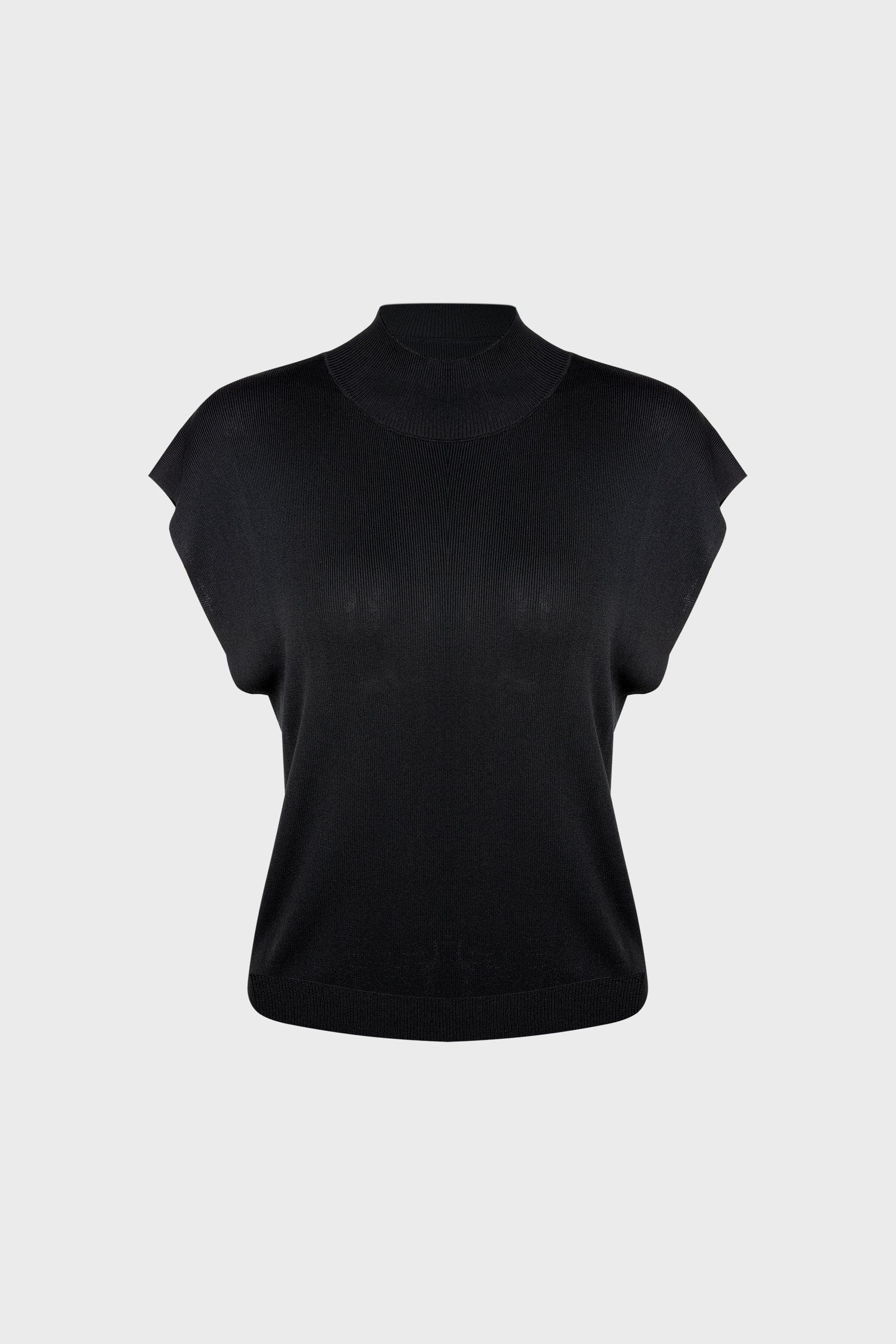 Black Rib-Knit Mock Neck Cap Sleeve Top