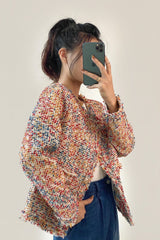 Multicolor Frayed Trim Button-Up Tweed Jacket