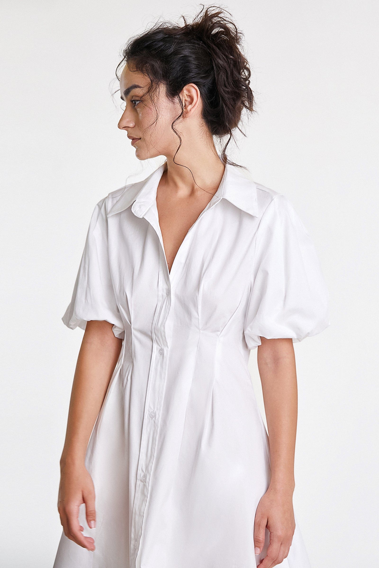 White Fitted Waist Puff Sleeve Shirt Dress